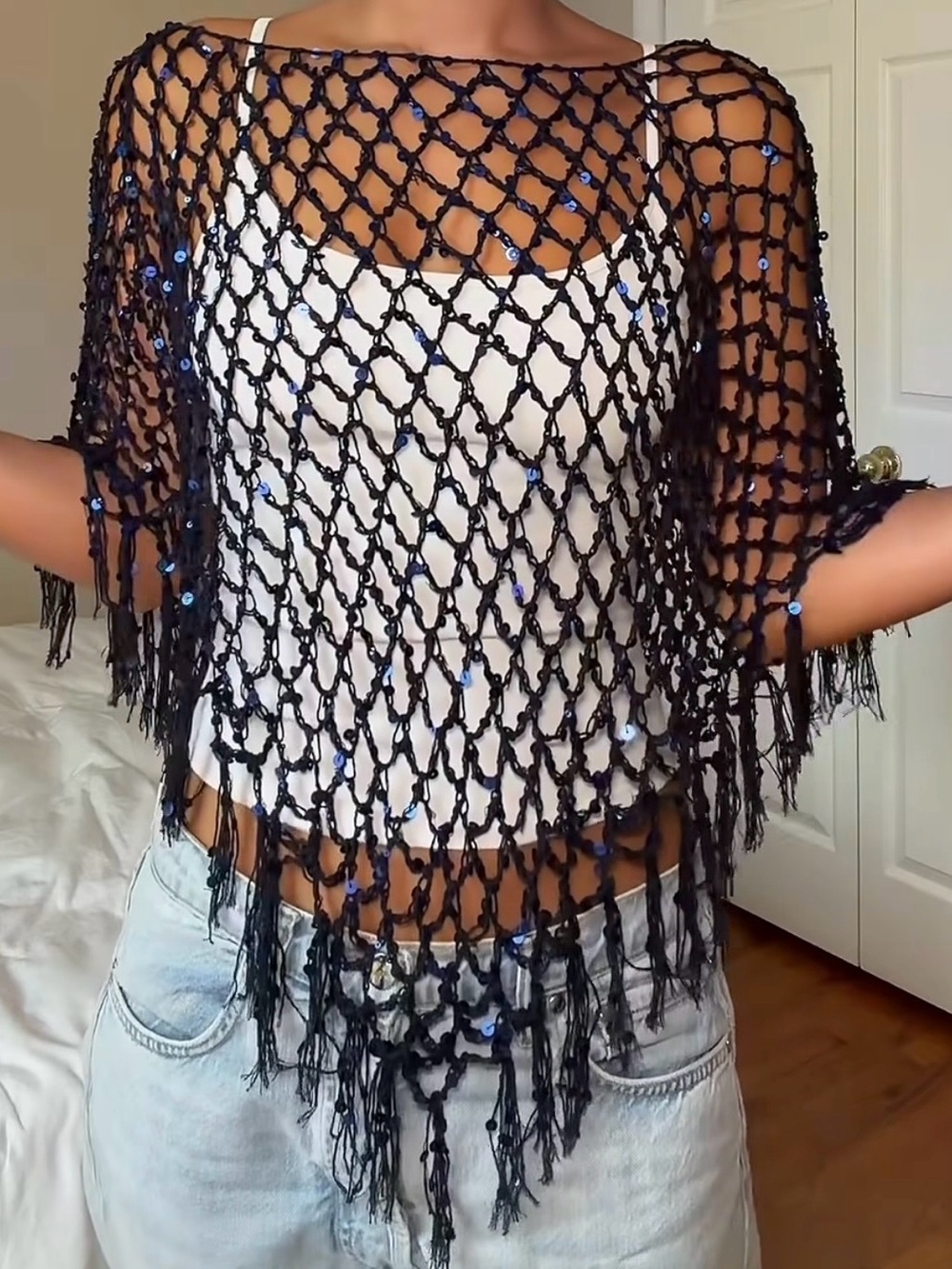 Boho Crochet Fringe Net Poncho
